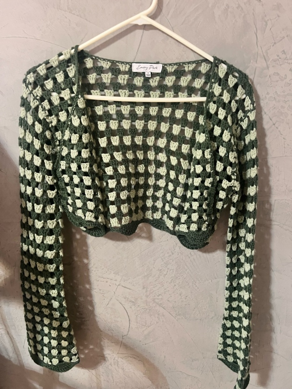 emory park Green and Cream Crocheted Open Cardigan